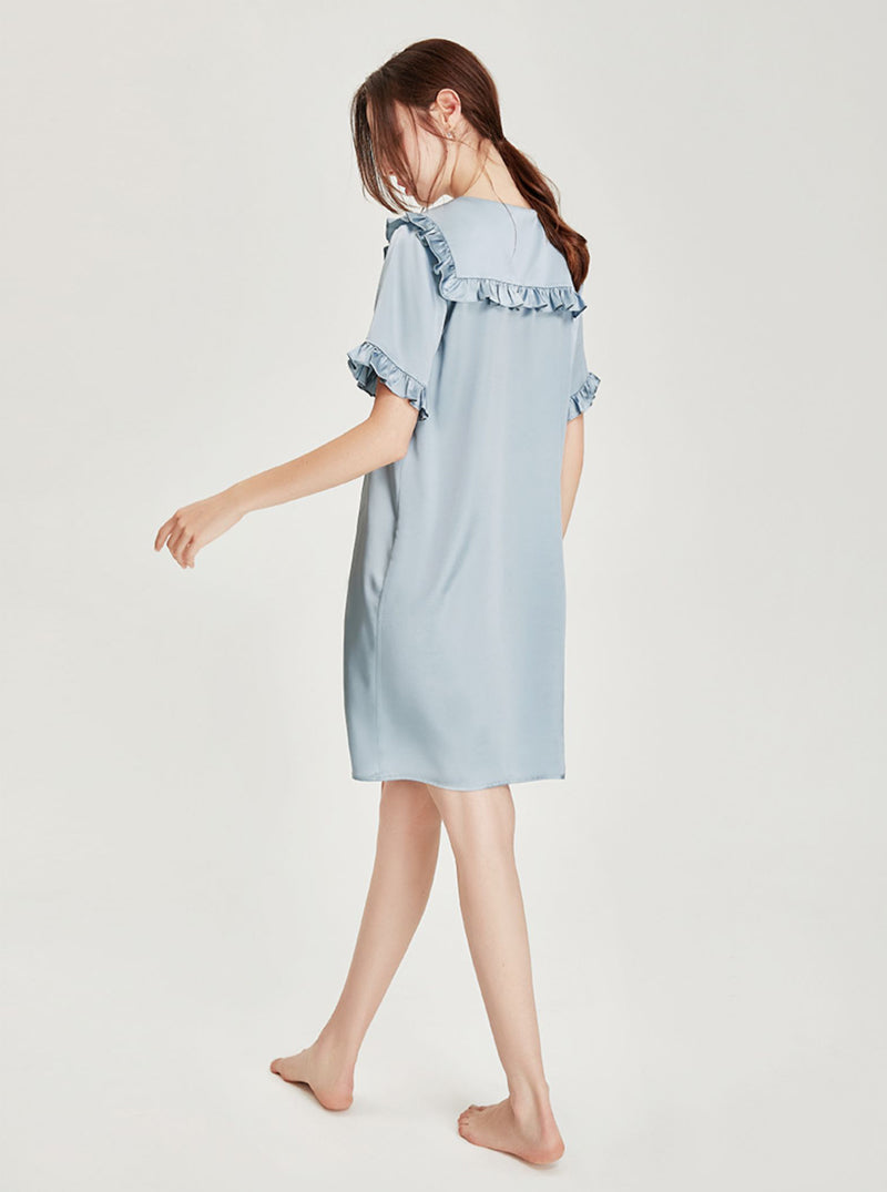 Summer Silk Female Haze Blue Cute Ruffle Splicing Lapel V-neck Short Sleeve Palace Style Shirt Nightdress