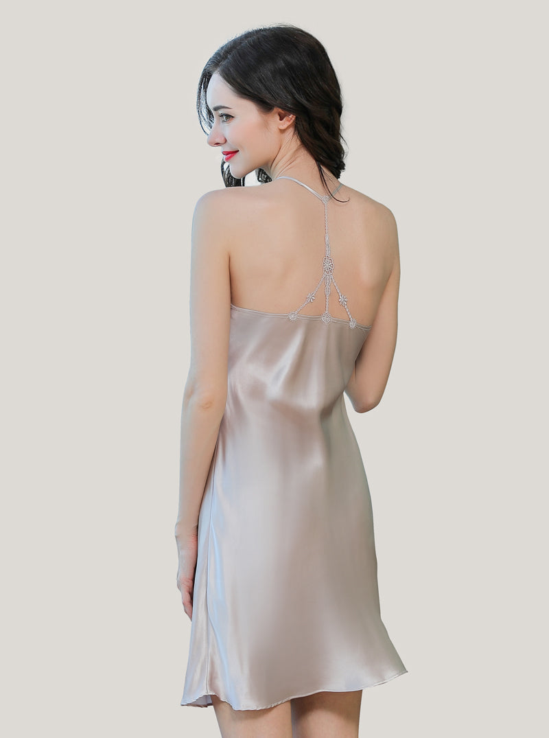 Summer Female Silk V-Neck Sexy Backless Mature Lace Solid Color Light A-Line Version Suspender Nightdress