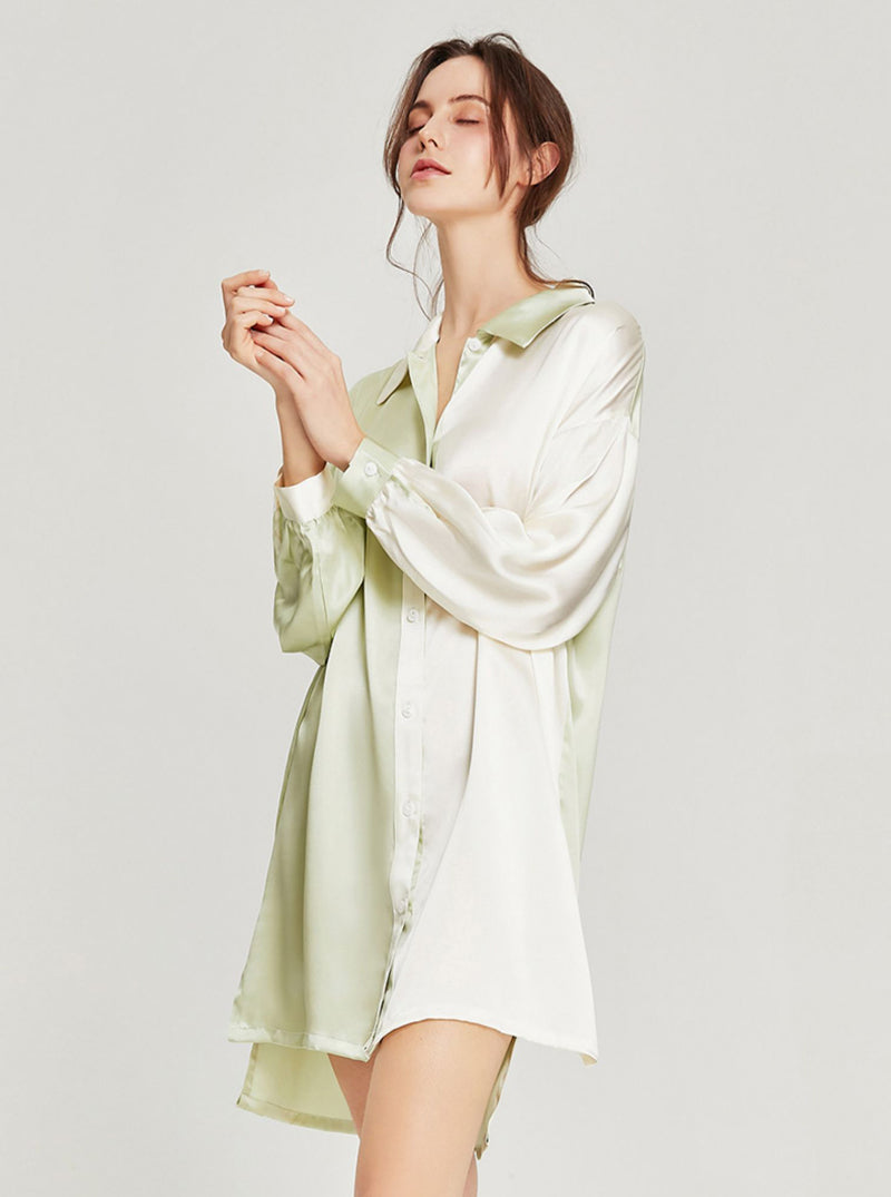 White Green Splicing Slit Hem Loose Sexy Boyfriend Style Long Sleeve Silk Summer Shirt Nightdress Female
