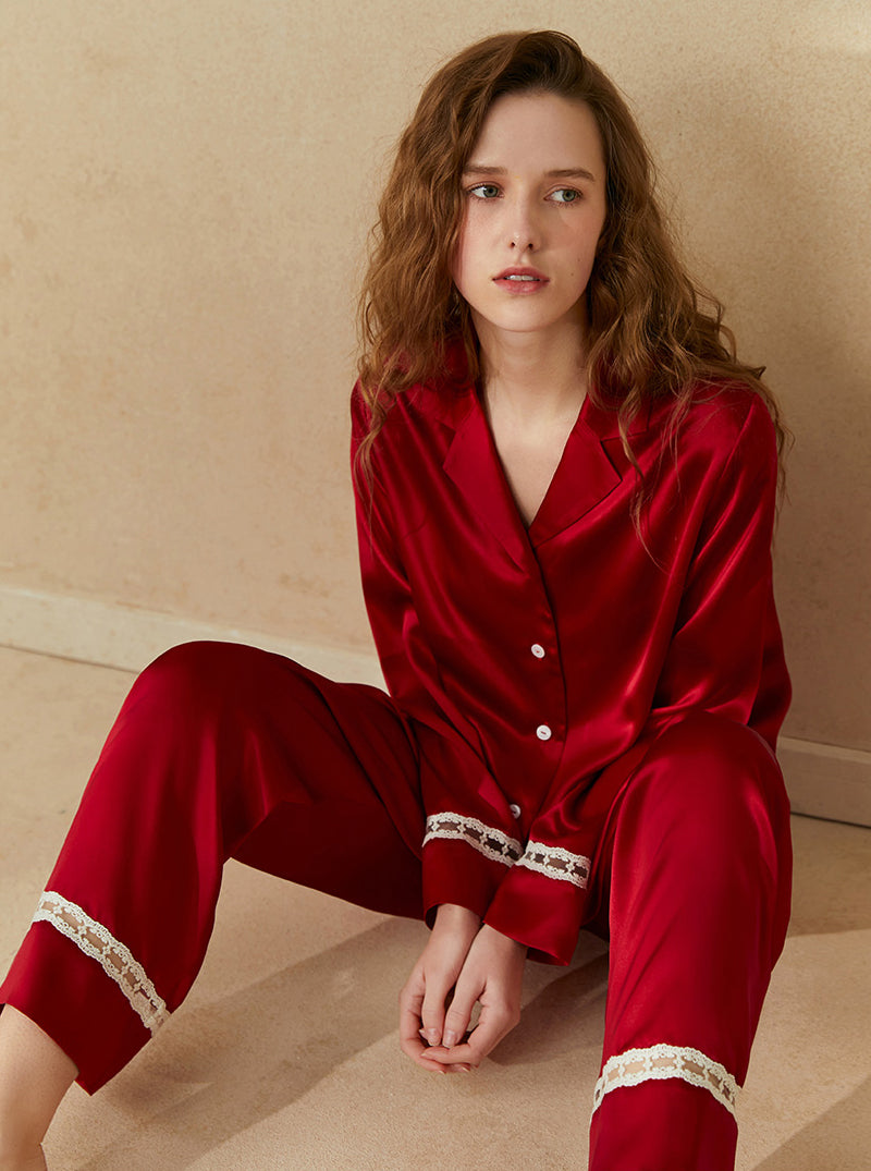 Spring Autumn Female Advanced Sense Silk Matching Pajamas Lapel Cute Hollow Lace Long Sleeve Two-Piece Set