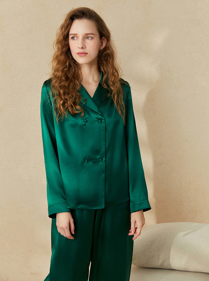 19 Momme Silk Summer Female Small Lapel Simple Loose Casual Comfortable Solid Color Long Sleeve Two-Piece Pajamas