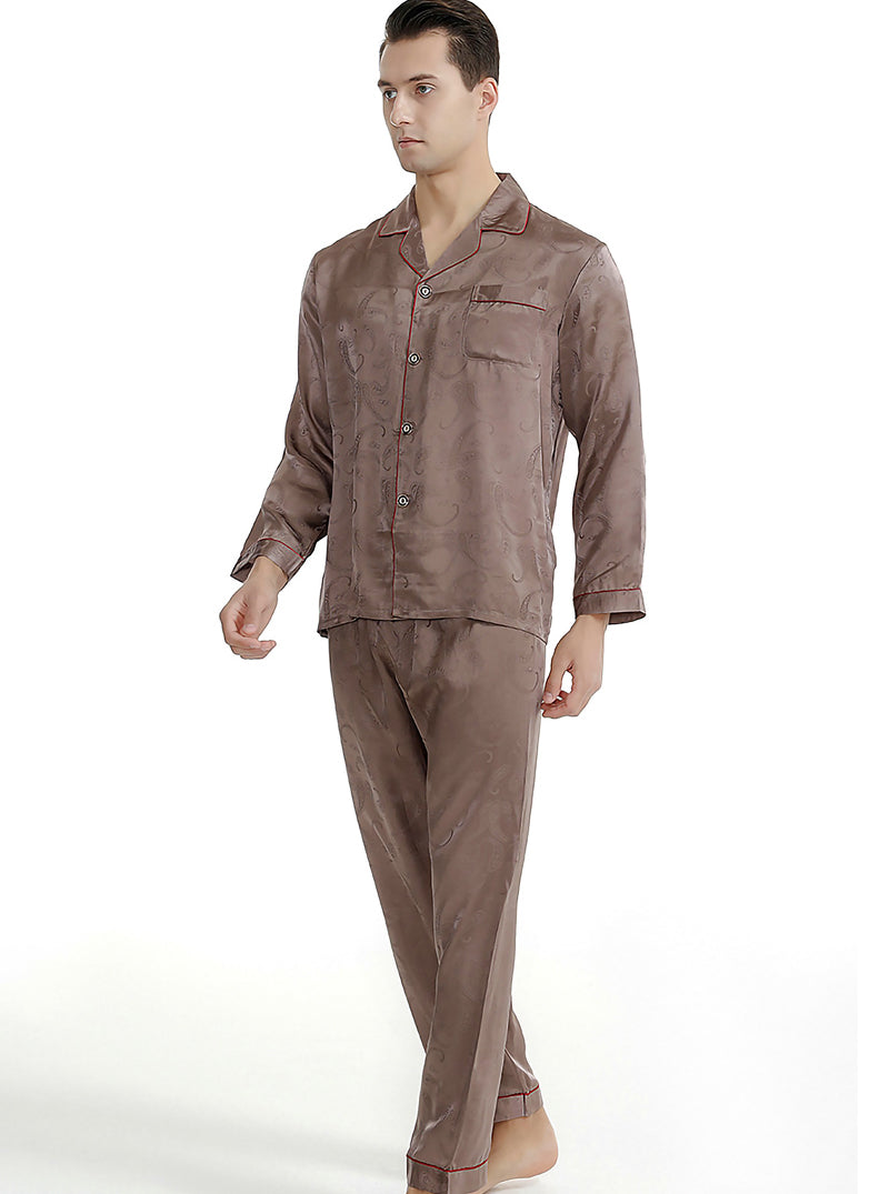Silk Summer Wrapping Small Lapel Couple Pajamas Sets Printing Classic High-End Simple Long-Sleeved Trousers Casual Two-Piece Home Service