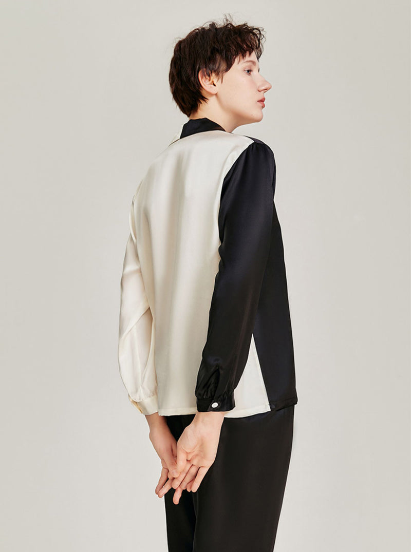 Spring Summer Female Shirt Style Silk Splicing Contrasting Color Matching Pajamas Comfortable Long Sleeve Two-Piece Set