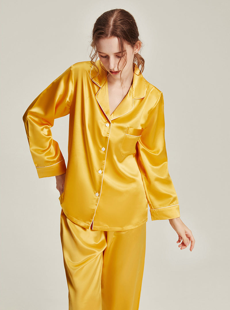 22 Momme Silk Summer Female Fashion Small Lapel Simple Soft Comfortable Youthful Temperament Various Colors Classic Long Sleeve Two-Piece Pajamas