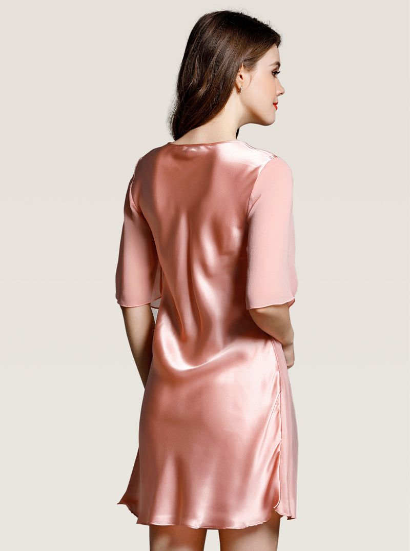 Lace Embroidered Silk Summer Female V Neck Sexy Comfortable Elegant Solid Color Mid Sleeve Nightdress