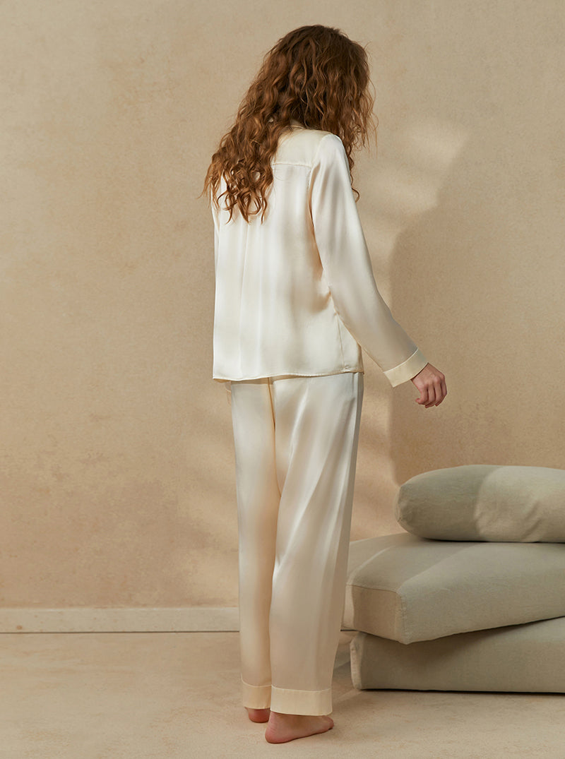 19 Momme Silk Summer Female Small Lapel Casual Temperament Loose Simple Pearl Double Breasted Beige Long Sleeve Two-Piece Pajamas