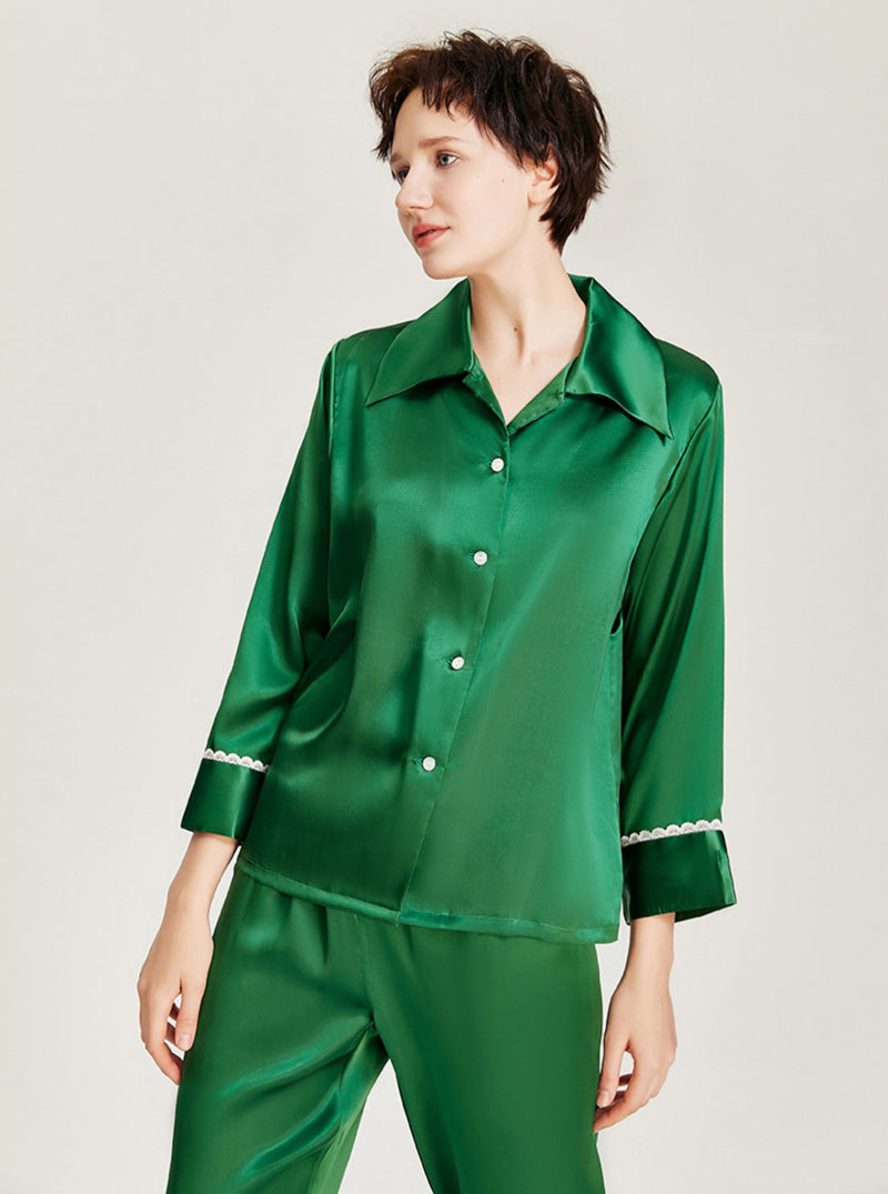 Silk Spring And Summer Ladies Shirt Collar Romantic Fashionable Small Lace Multi-Color Long-Sleeved Pajamas Two-Piece Set
