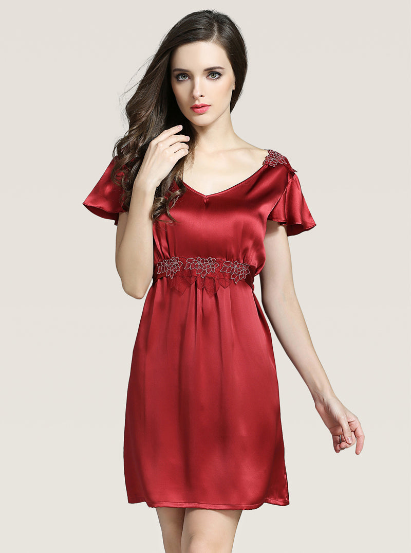 Lotus Leaf Lace Silk Spring And Summer Female V-Neck Intellectual Beautiful Elegant Embroidered Belt Can Be Tied Solid Color Short-Sleeved Nightdress