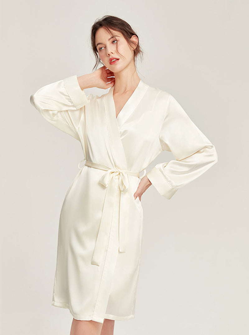 Silk Wedding Morning Robe V Collar Advanced Sense Simplicity Pure Color Medium Length Night-Robe Female