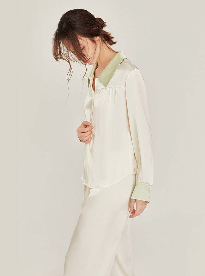 Spring Autumn Female Silk Matching Pajamas Milk White Splicing Fruit Green Shirt Collar Long Sleeve Two-Piece Set