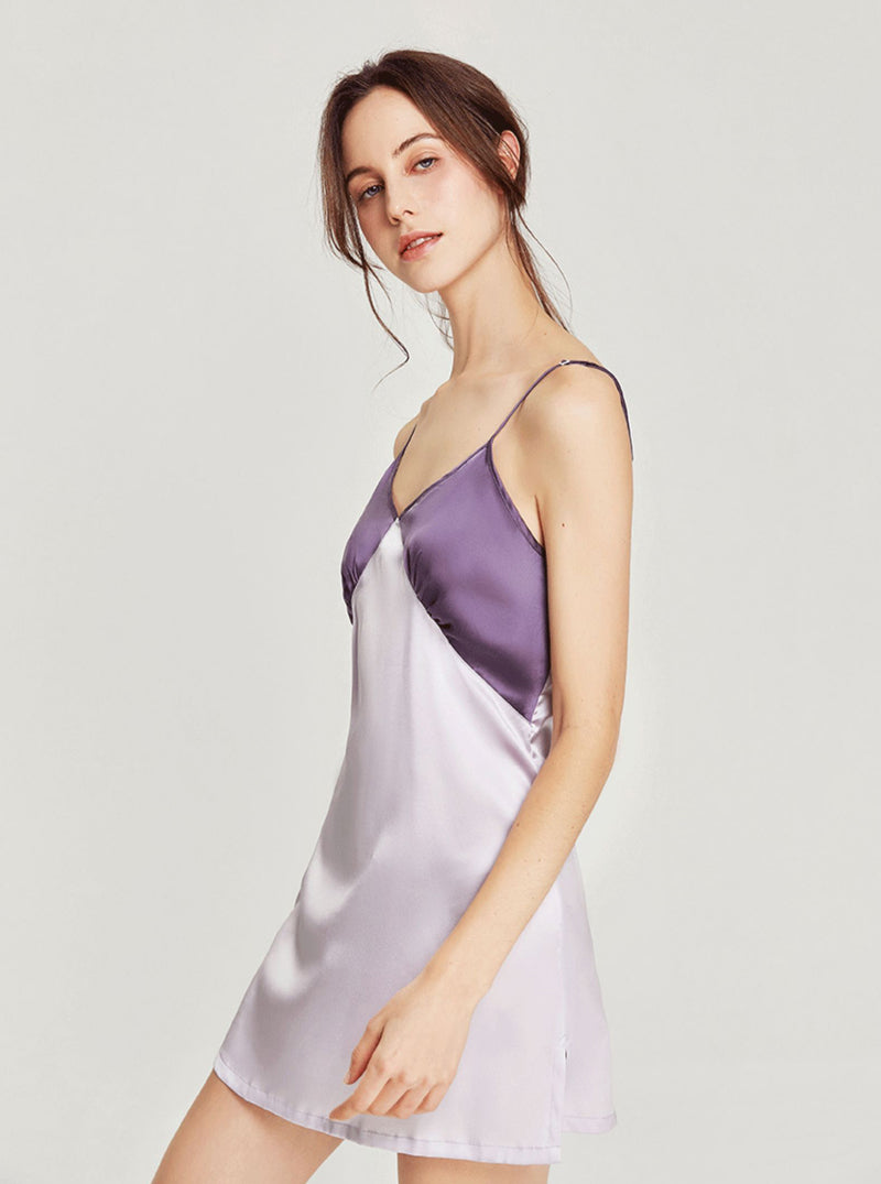 Silk Splicing Contrasting Color Sexy V Collar Slim Sling Short Nightdress Summer Female