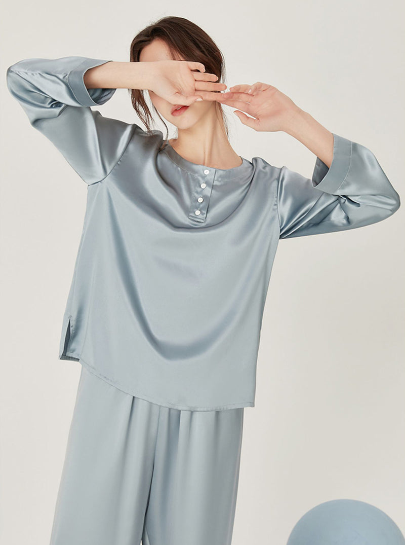 Silk Spring Summer Simplicity Round Collar Matching Pajamas Small Split Hem Long Sleeve Two-Piece Set Female