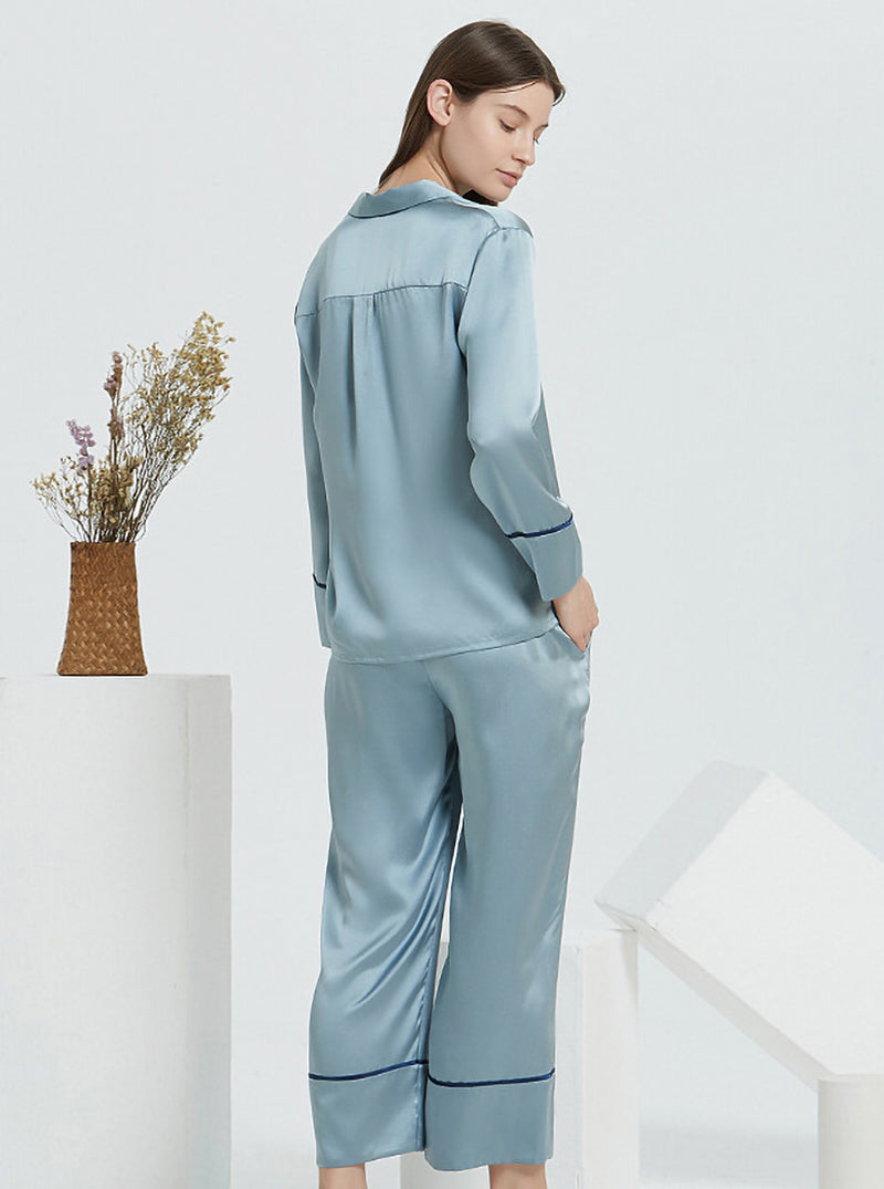 19 Momme Silk Spring And Autumn Female Shirt Collar Simple Atmosphere Fashion Casual Solid Color Long Sleeve Pants Pajamas Two Piece Set