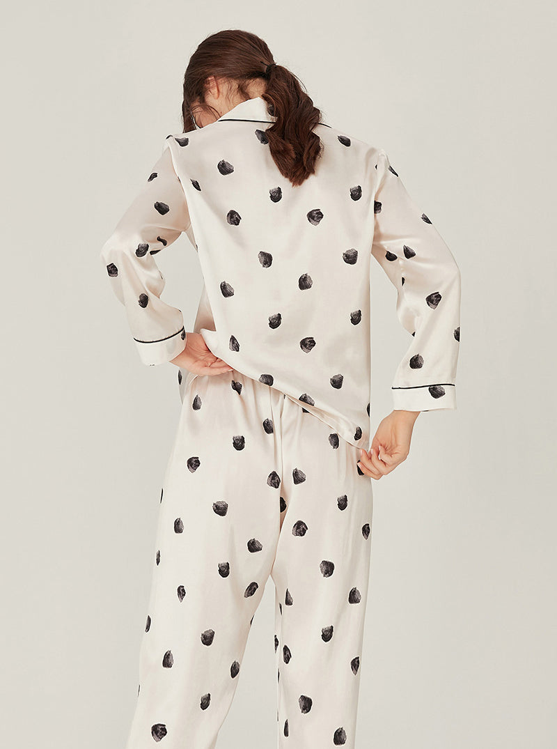 Silk Female Spring Autumn Matching Pajamas Black Polka Dot Milk White Lapel Long Sleeve Two-Piece Set