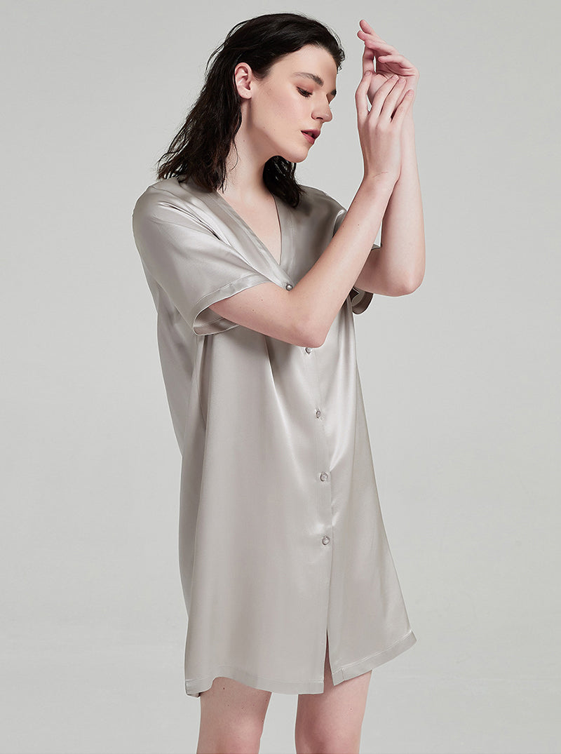 Senior Grey 19 Momme Silk Female V-Neck Summer Loose Casual Comfortable Short Sleeve Shirt Nightdress