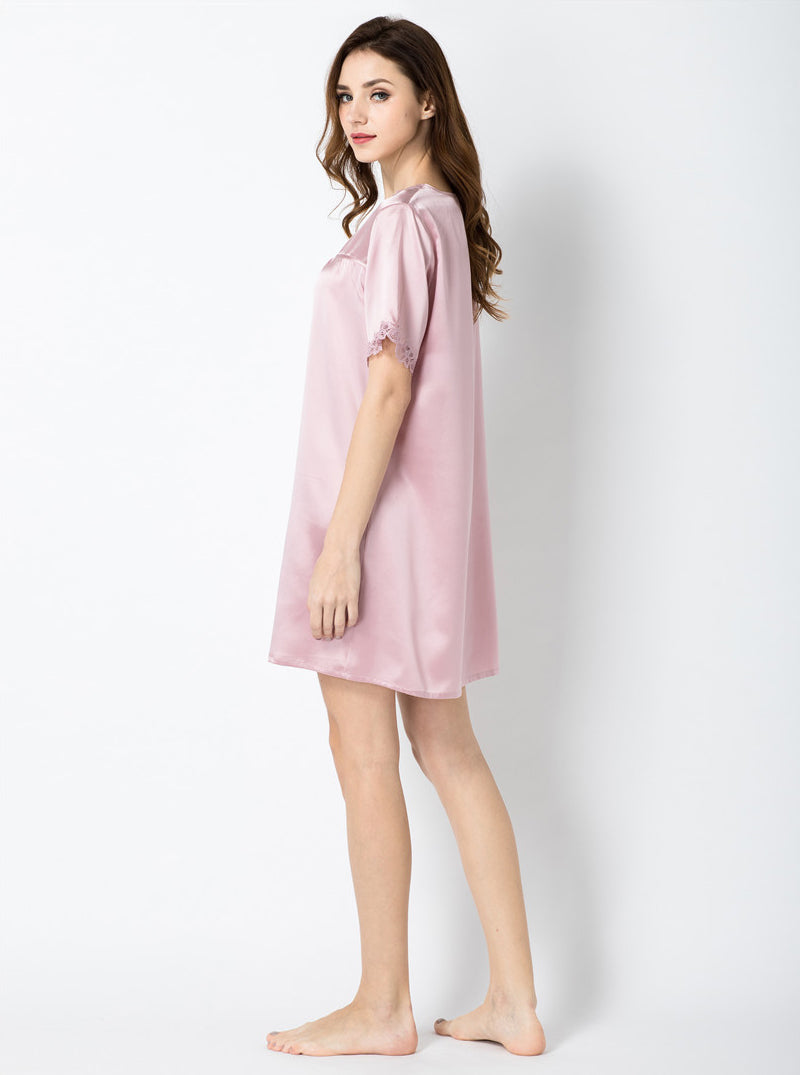 Summer Silk Ladies V-Neck Sexy Lace Elegant A-Line Pink Short-Sleeved Nightdress
