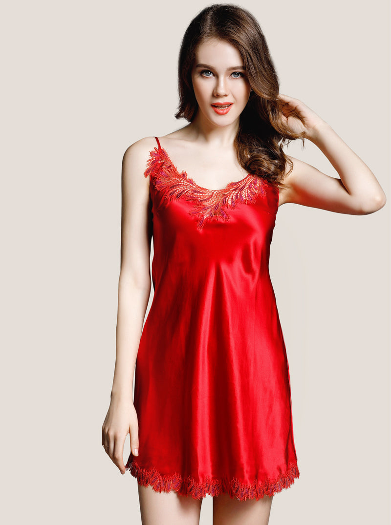 Hollow Lace Female Summer Silk V-Neck Sexy Slim Fit Elegant Solid Color Sling Nightdress
