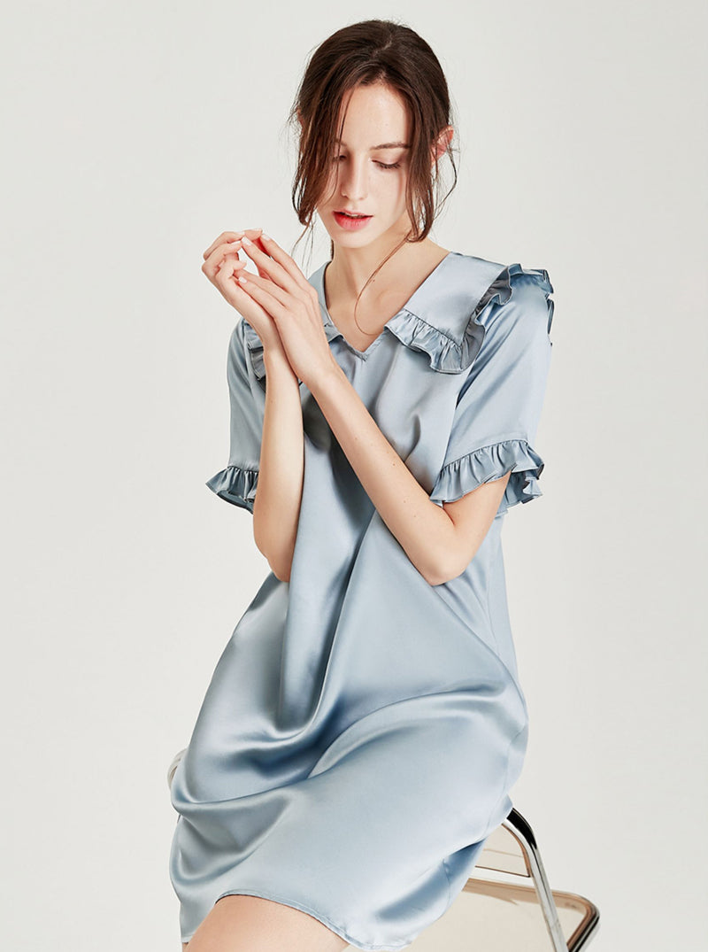 Summer Silk Female Haze Blue Cute Ruffle Splicing Lapel V-neck Short Sleeve Palace Style Shirt Nightdress