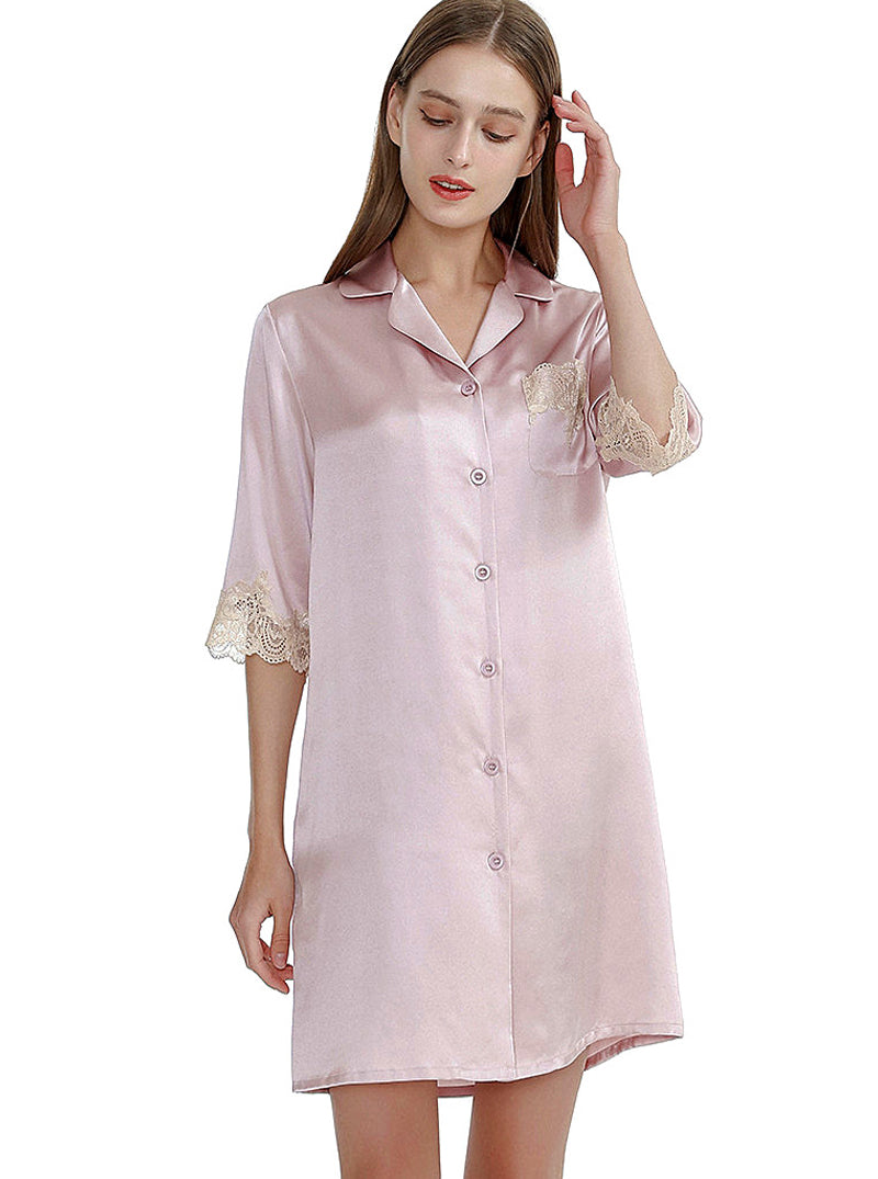 Summer Silk Female Small Lapel Noble Luxury Loose Mature Solid Color Mid-Sleeve Lace Nightdress