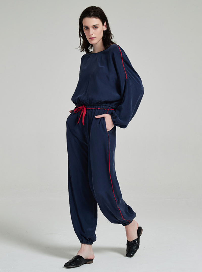 19 Momme Silk Navy Blue Spring And Autumn Female Round Neck Sand Wash Soft Loose Long-Sleeved Trousers Pajamas Two-Piece Set