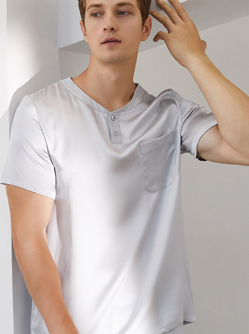 19 Momme Silk Summer Male Round Neck Casual Loose Handsome Solid Color Short-Sleeved Shorts Pajamas Two-Piece Set