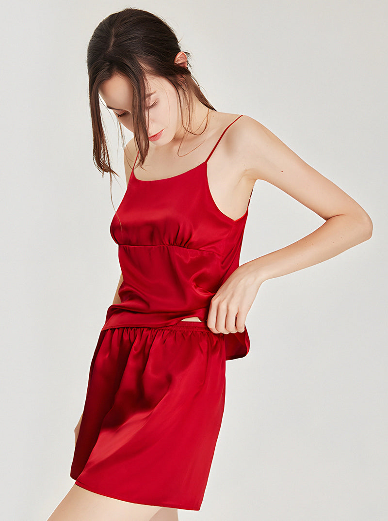 Simplicity Splicing Design Matching Pajamas Pure Color Silk Female Summer Round Collar Camisole Shorts Two-Piece Set