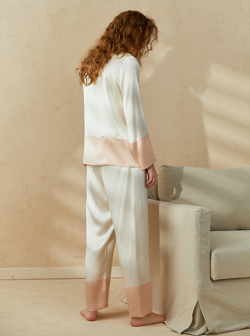 19 Momme Silk Summer Female Fashion Small Lapel Fashionable Temperament Personality Stitching Contrast Color Long-Sleeved Two-Piece Pajamas