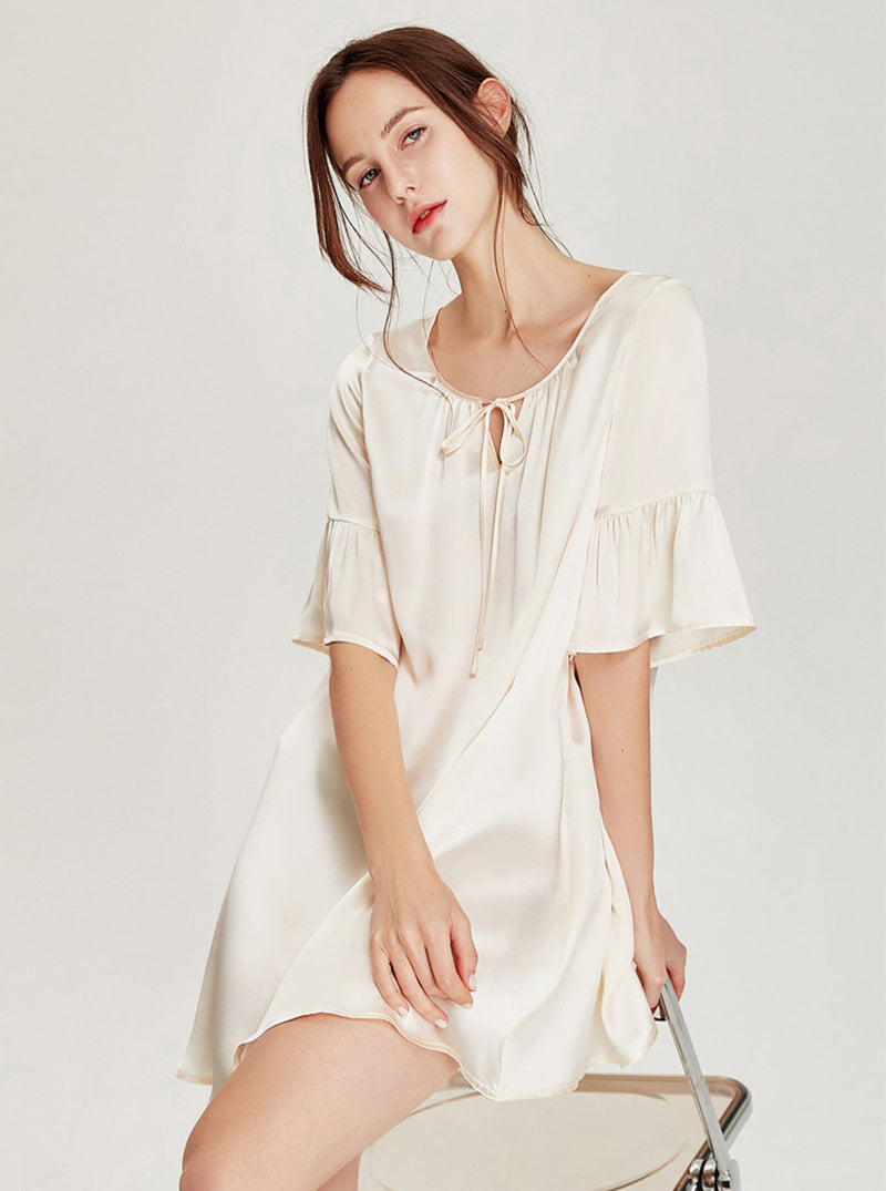 Summer Apricot Court Style Retro Silk Lace-up Small V Collar Ruffle Lantern Short Sleeve Short Loose Nightdress Female
