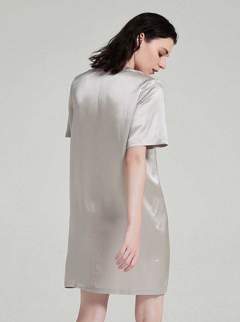 Senior Grey 19 Momme Silk Female V-Neck Summer Loose Casual Comfortable Short Sleeve Shirt Nightdress
