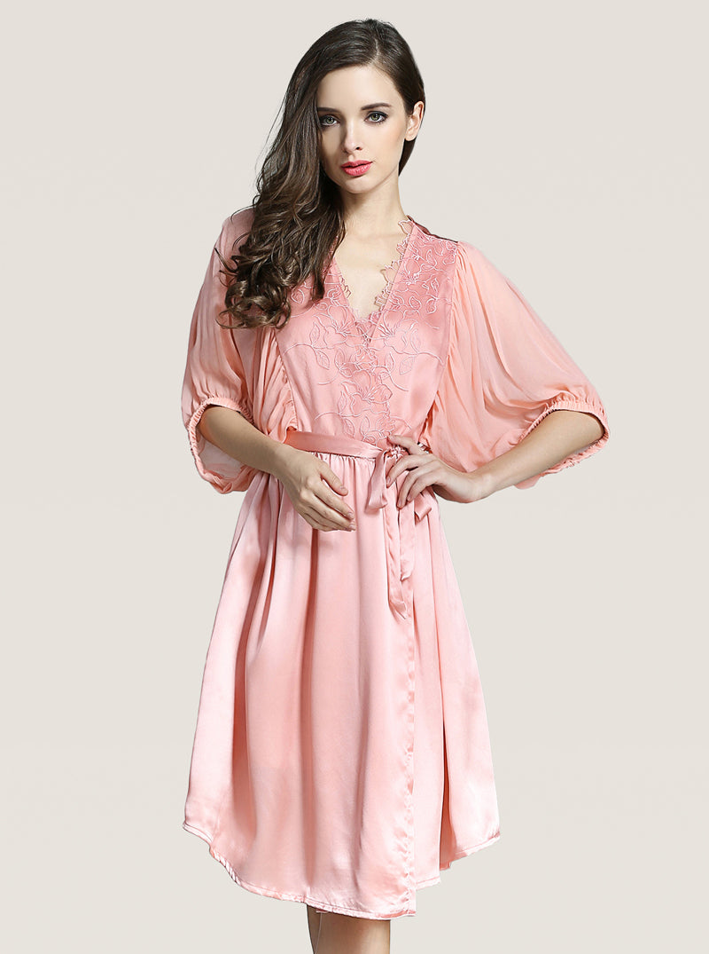 Lace Silk Female Summer Sexy Graceful Slim Solid Color V-Neck Sling Pajamas Long Sleeve Robe
