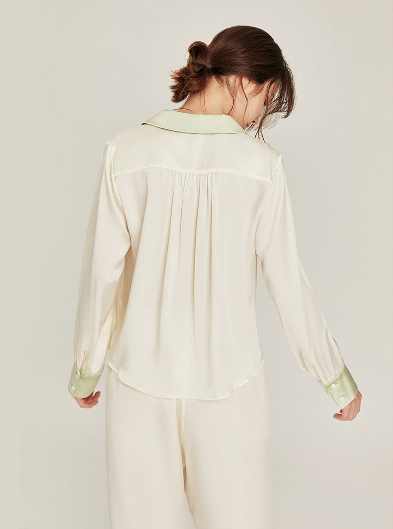 Spring Autumn Female Silk Matching Pajamas Milk White Splicing Fruit Green Shirt Collar Long Sleeve Two-Piece Set