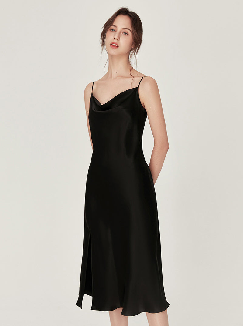 Simplicity Pure Color Silk Cowl-neck Elegant Sexy Split Hem Medium Length Slim Sling Nightdress
