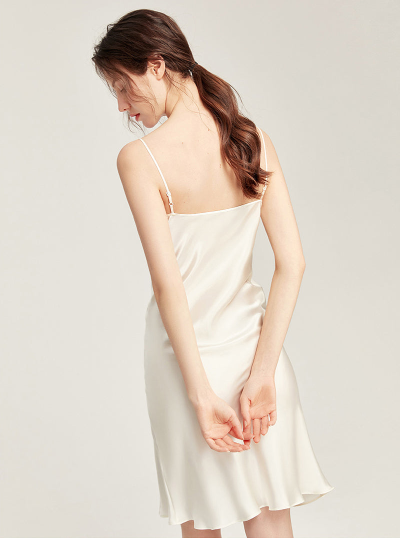 19 Momme Silk Multi-Buttons V Collar Splicing Lace Slit Hem Sexy Sling Nightdress Summer Female