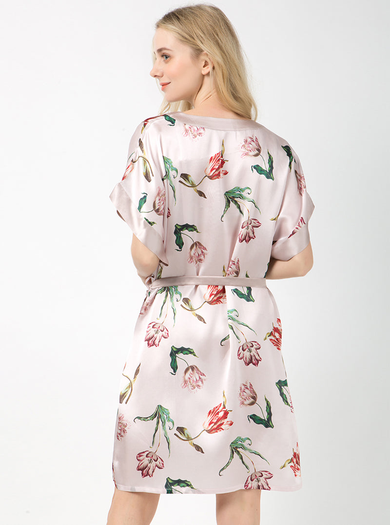 Printed Summer Ladies Silk V-Neck Elegant Luxurious Noble Simple Short Sleeve Belt Nightdress