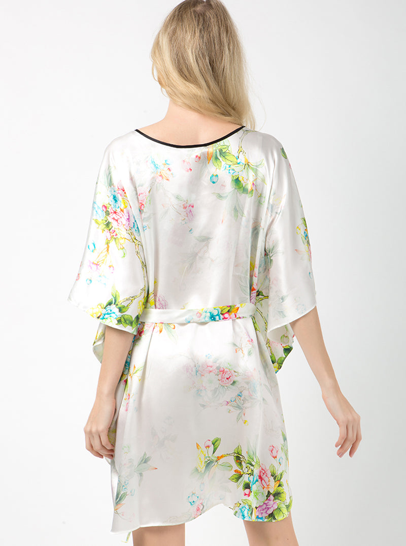 Female Summer Silk Round Neck Mid Sleeve Loose Belt Luxurious Flower Print Nightdress