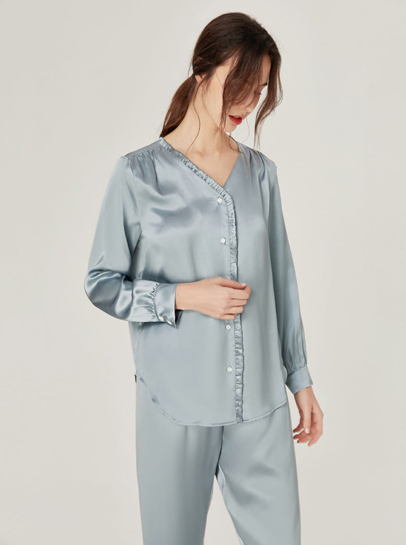 Female Spring Summer Silk Matching Pajamas Sweet Ruffle V Collar Circular Arc Hem Long Sleeve Advanced Sense Two-Piece Set