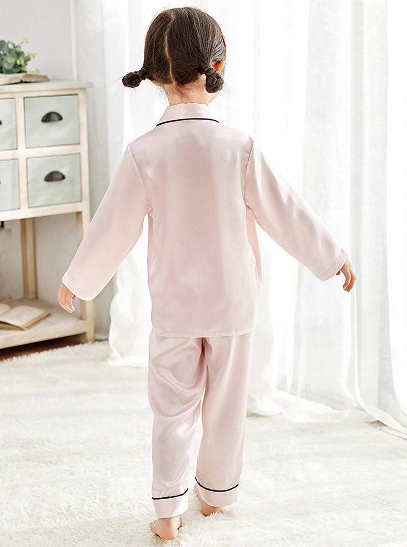 Girls Spring Silk Small Lapel Cute And Comfortable Long-Sleeved Trousers Children's Pajamas Two-Piece Set