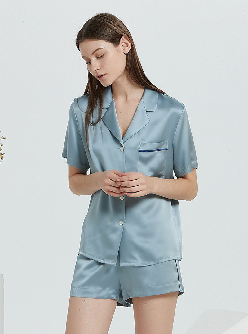 19 Momme Silk Summer Female Suit Collar Classic High-End Simple Fashion Solid Color Gray Blue Short-Sleeved Shorts Pajamas Two-Piece
