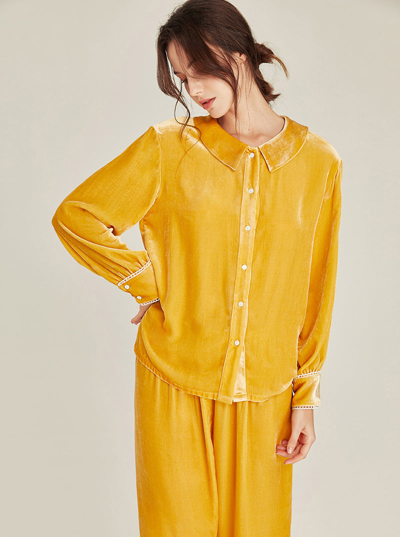 Autumn Winter Female Silk Velvet Matching Pajamas Simplicity Pure Color Cute Doll Collar Lace Edge Long Sleeve Two-Piece Set