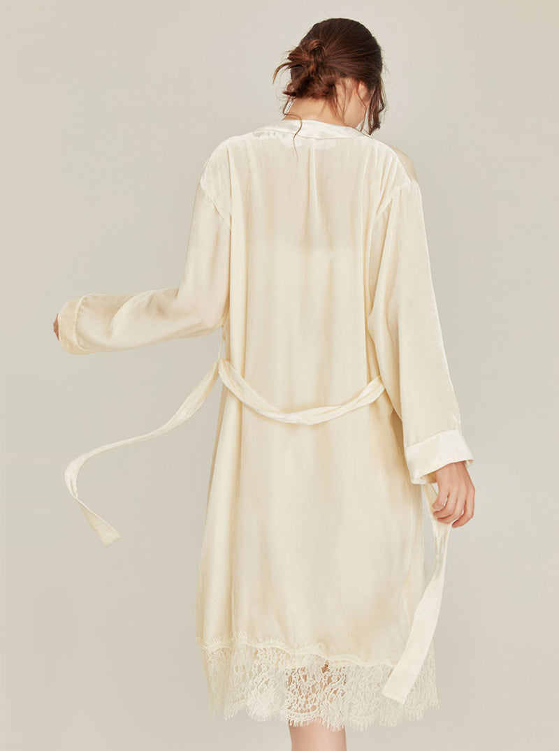 Autumn Winter Silk Velvet Female Medium Length Matching Pajamas V Collar Lace Stitching Hem Slim Sling Nightdress And Night-Robe Set