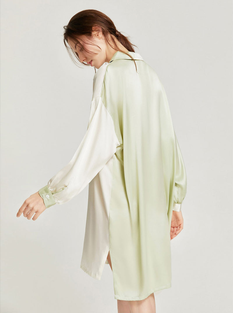 White Green Splicing Slit Hem Loose Sexy Boyfriend Style Long Sleeve Silk Summer Shirt Nightdress Female