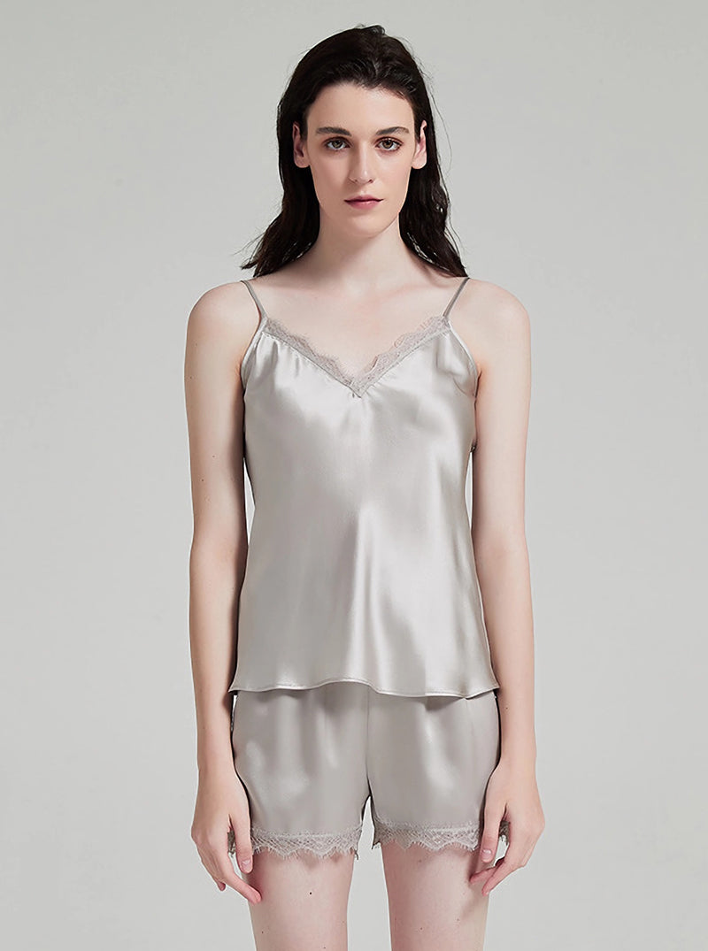19 Momme Silk Solid Color Female Summer Sexy Casual Senior Textured Suspenders Shorts Pajamas Two-Piece Set