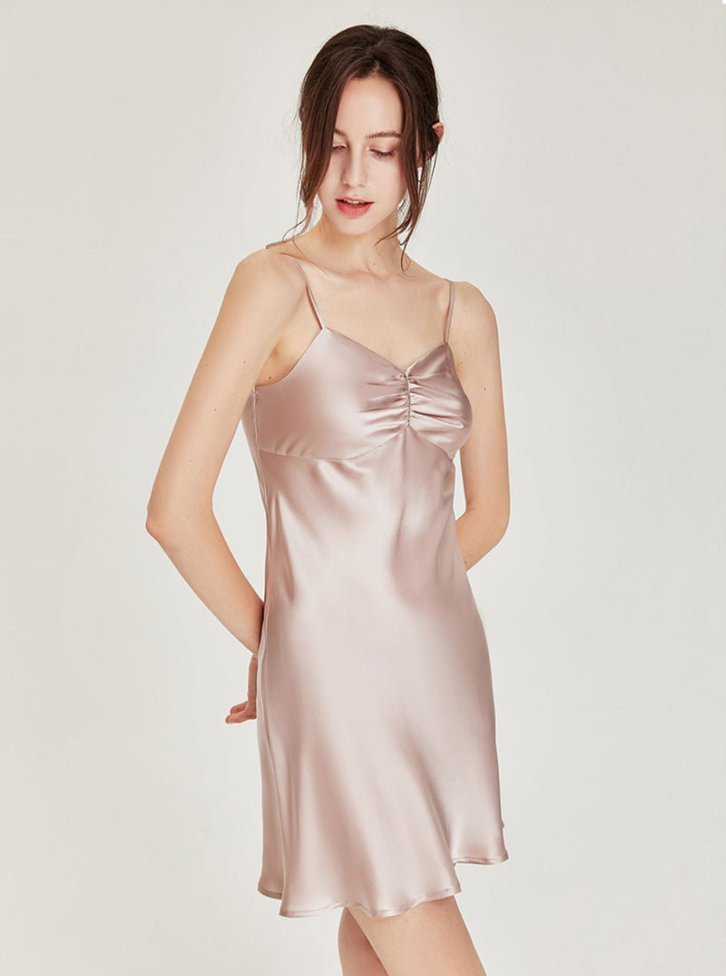 Summer Pure Color Silk Sexy Fold Design V Collar Sling Thin Short Nightdress Female