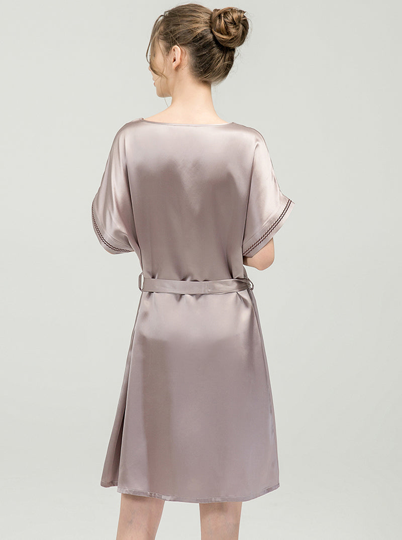 Solid Color Female Silk Summer V-Neck Premium Loose Classic Belt Short Sleeve Nightdress