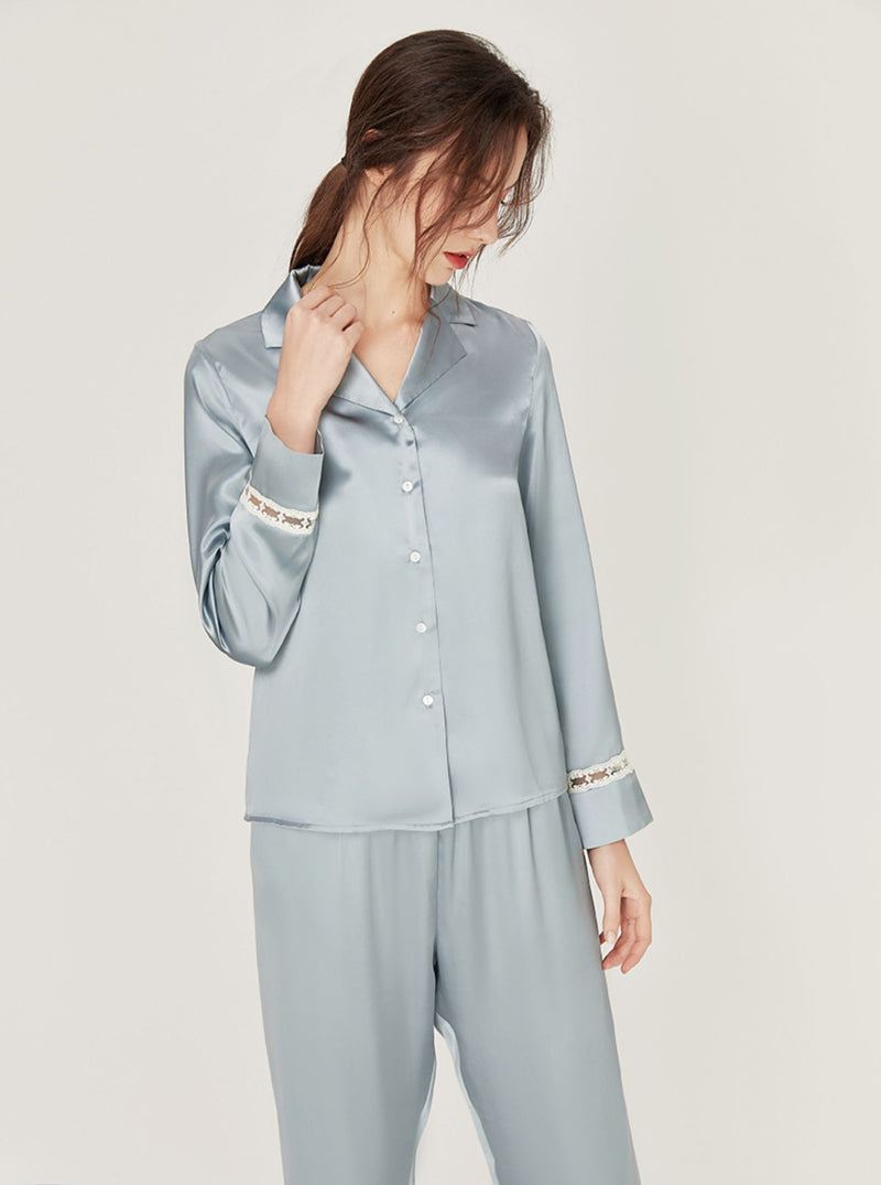 Spring Autumn Female Advanced Sense Silk Matching Pajamas Lapel Cute Hollow Lace Long Sleeve Two-Piece Set