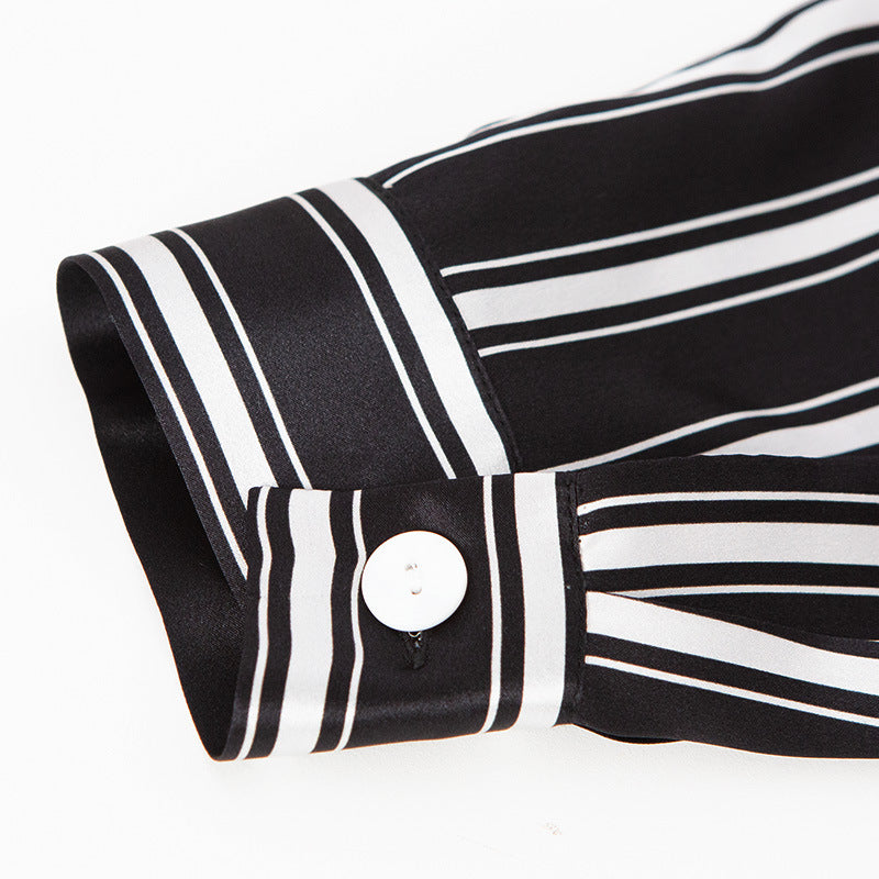 19 Momme Silk Spring Autumn Male Shirt Collar Black and White Striped Print Casual Long Sleeve Pants Pajamas Two Piece Set