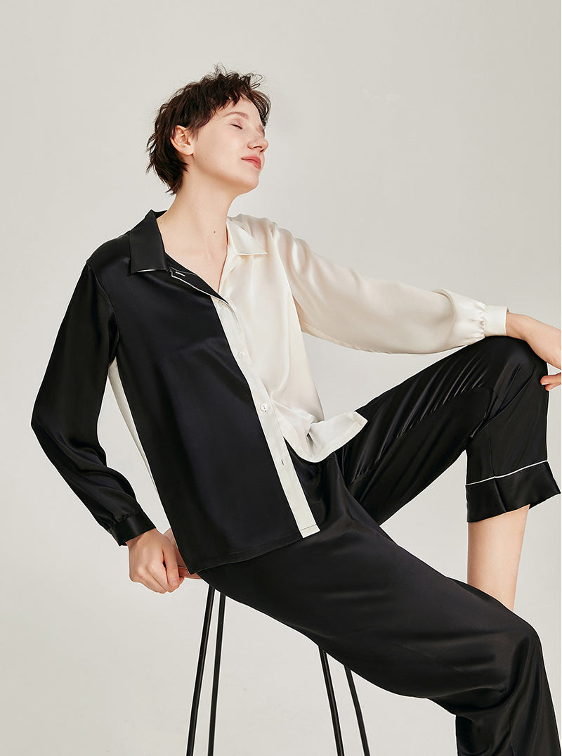 Spring Summer Female Shirt Style Silk Splicing Contrasting Color Matching Pajamas Comfortable Long Sleeve Two-Piece Set