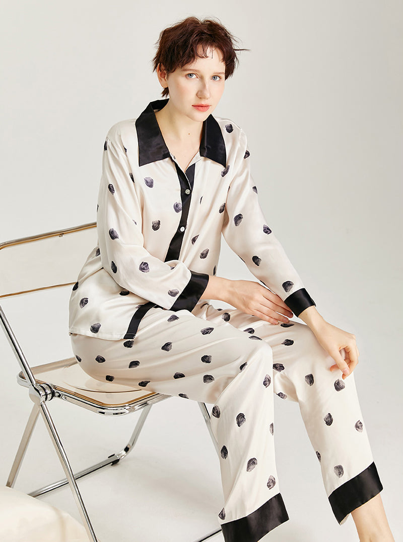 Black And White Polka Dot Pattern Silk Spring And Summer Female Low-Key Simple Retro Shirt Collar Long-Sleeved Pajamas Two-Piece Set