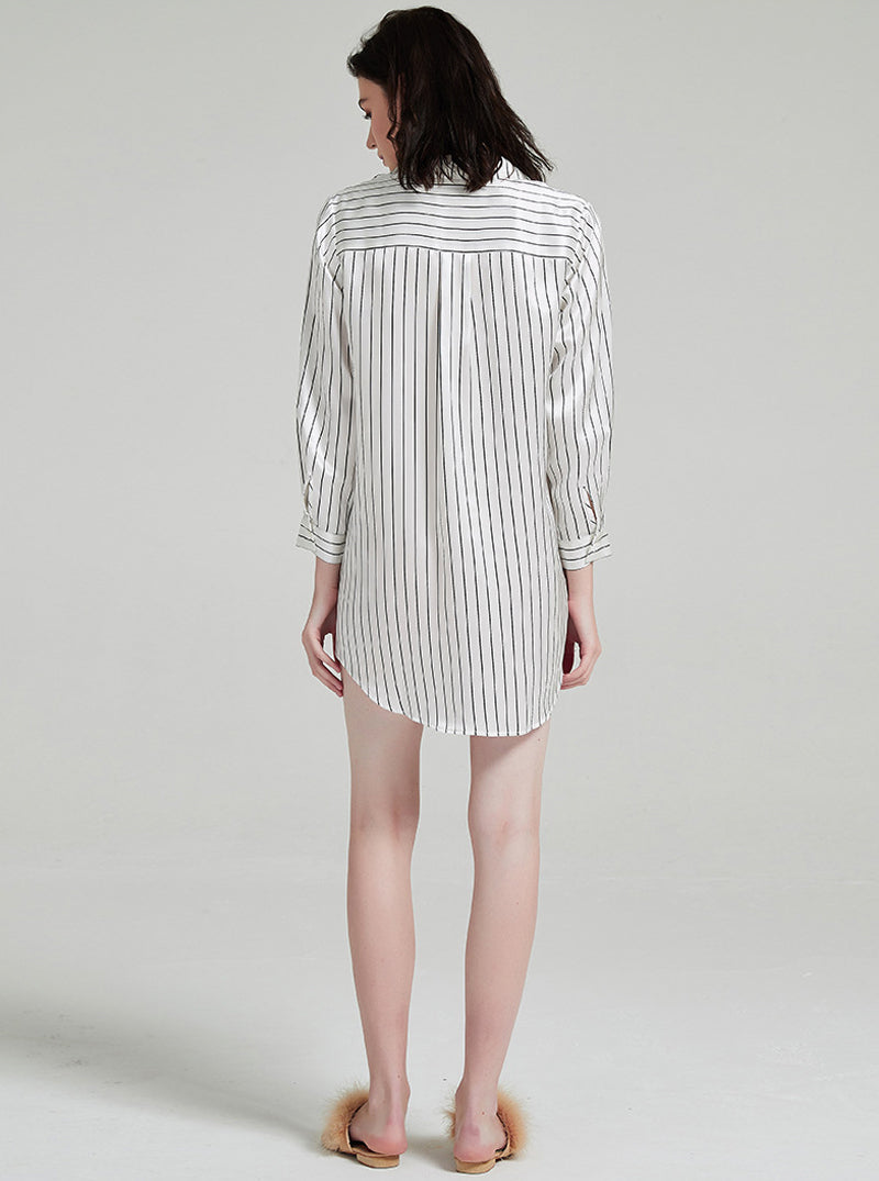 19 Momme Silk Black And White Striped Print Spring Autumn Blouse Collar Breathable Cool And Comfortable Long Sleeve Nightdress