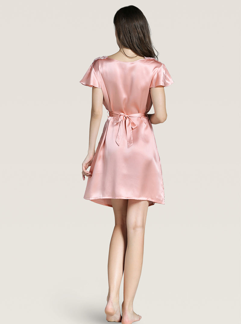 Lotus Leaf Lace Silk Spring And Summer Female V-Neck Intellectual Beautiful Elegant Embroidered Belt Can Be Tied Solid Color Short-Sleeved Nightdress